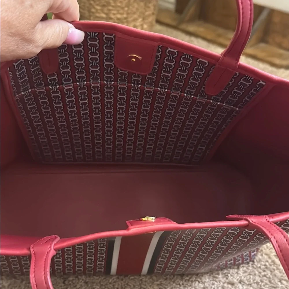 Tory Burch Red Logo-Pattern Gemini Link coated canvas tote bag
